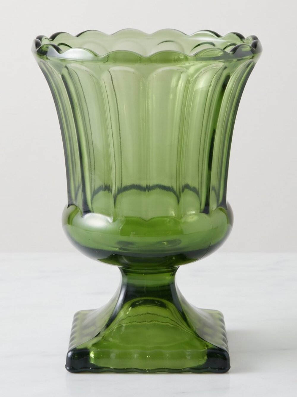 Vintage Avocado Green Glass Vase 6” tall Scalloped Edge Round 3 1/4” Base